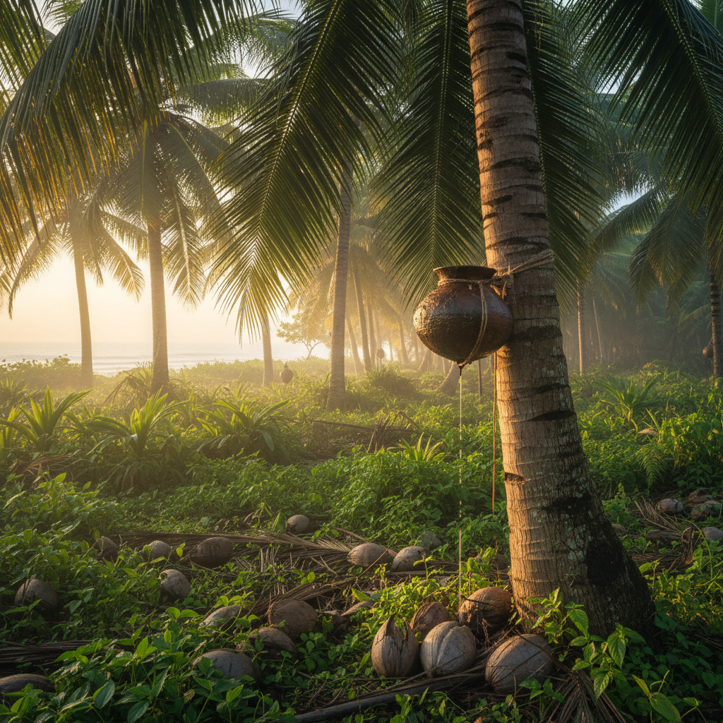 Pote de barro tradicional pendurado em uma palmeira em Sri Lanka, sob luz suave do amanhecer, representando a coleta de seiva para vinho de palma.