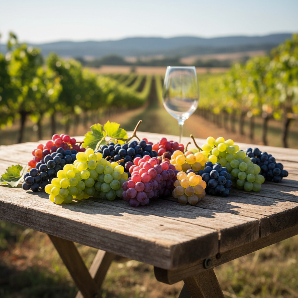 Variedades de uvas brancas, tintas e verdes frescas dispostas em uma mesa rústica em um vinhedo ensolarado, com uma taça de vinho ao fundo.