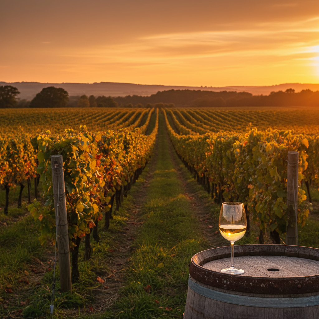 Vinhedo britânico ao pôr do sol com taça de vinho elegante e barril de carvalho, simbolizando o boom econômico do vinho no Reino Unido.