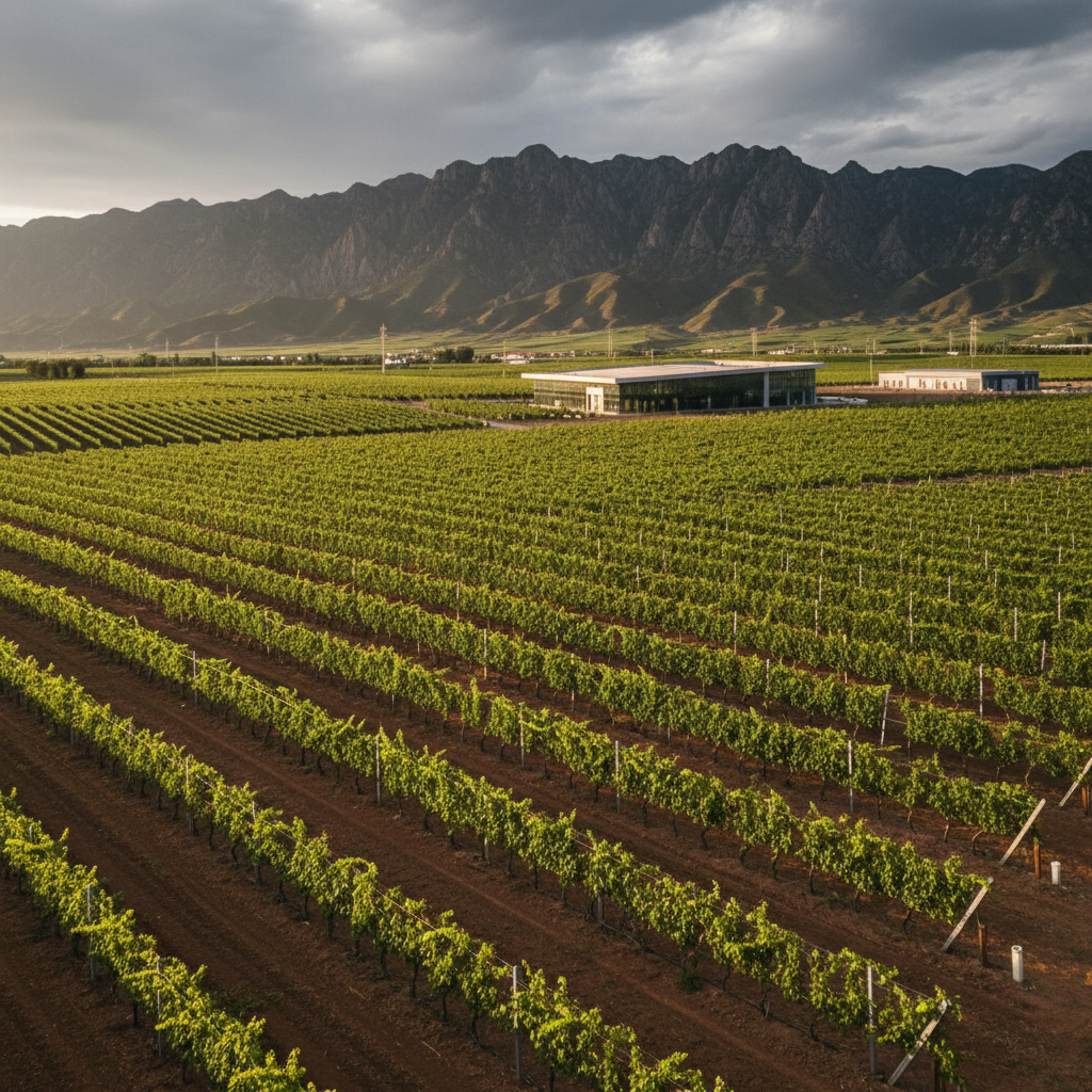 Vinhedo moderno em Ningxia, China, com fileiras de videiras se estendendo em direção a montanhas, simbolizando o boom e o investimento na produção de vinho chinês.