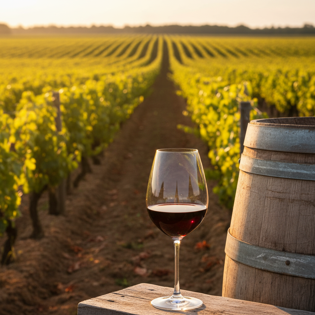 Vinhedos de Bordeaux ao pôr do sol com taça de vinho tinto e barril de carvalho, simbolizando a tradição e riqueza da região vinícola.
