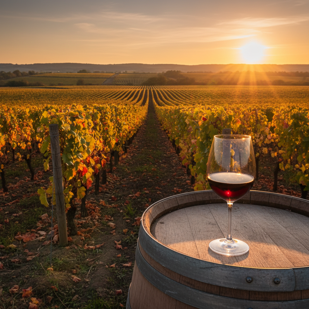 Vinhedo da Borgonha ao pôr do sol com taça de vinho tinto sobre barril de carvalho, simbolizando a essência dos vinhos Pinot Noir e Chardonnay.