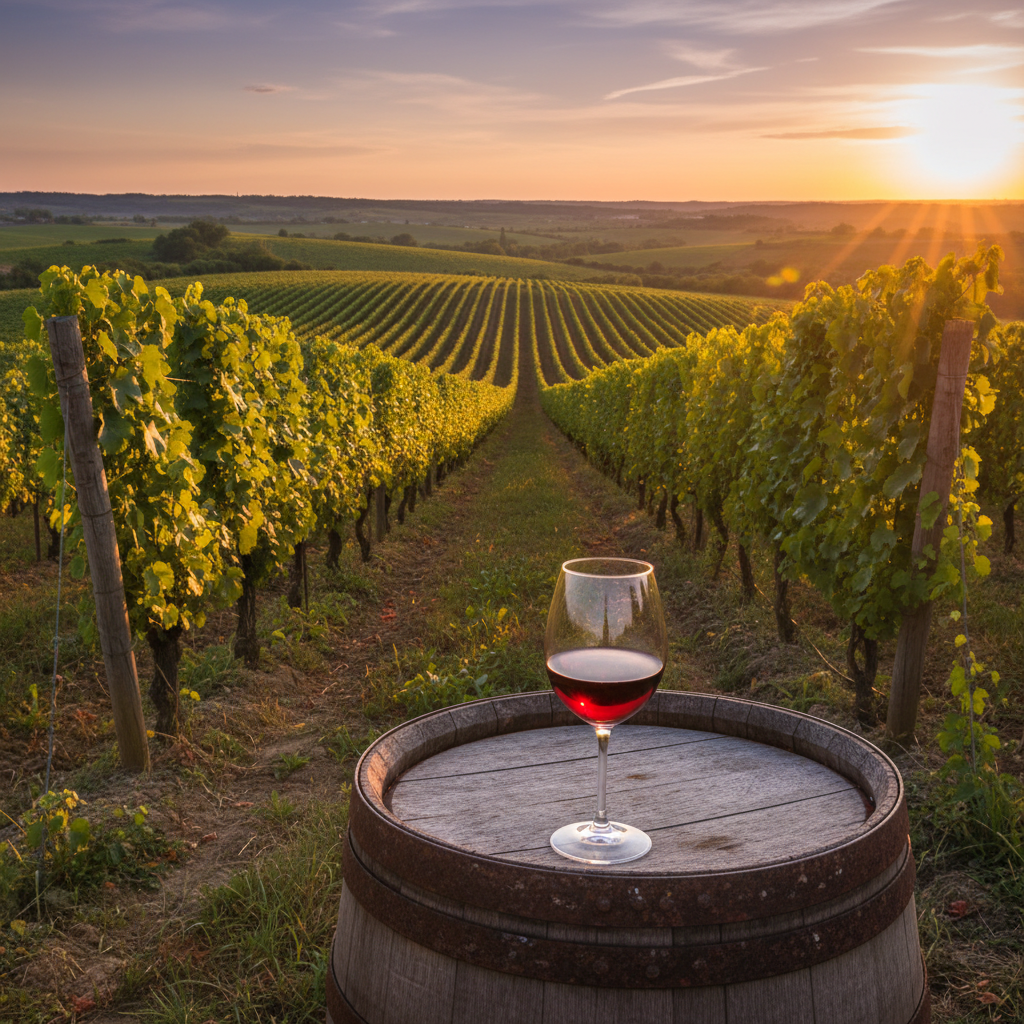 Vinhedo búlgaro ao pôr do sol com barril de vinho e taça, simbolizando a beleza e a riqueza das regiões vinícolas da Bulgária.