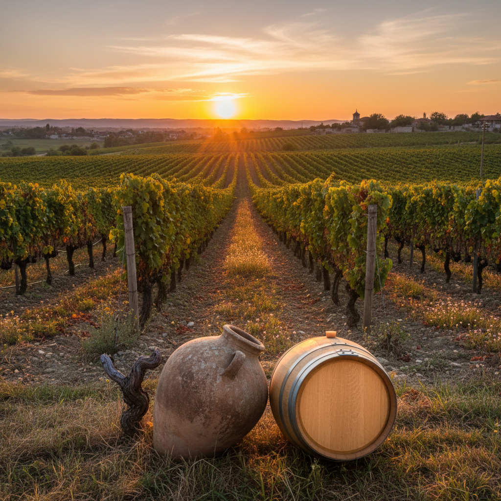Vinhedo búlgaro ao pôr do sol com barril de carvalho, mostrando a beleza e tradição da região vinícola.
