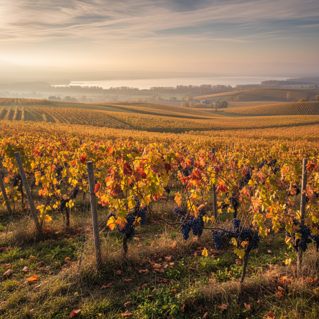 Vinhedos de Burgenland, Áustria, com uvas tintas maduras e o Lago Neusiedl ao fundo, sob um céu azul.