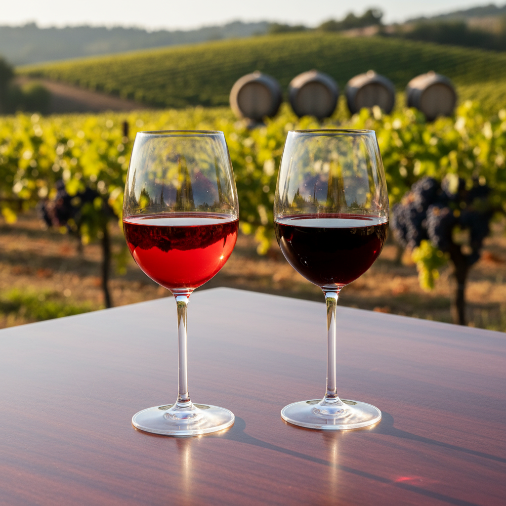 Duas taças de vinho tinto, representando Cabernet Sauvignon chileno e francês, sobre uma mesa de madeira rústica, com um vinhedo ensolarado e barris de carvalho desfocados ao fundo.