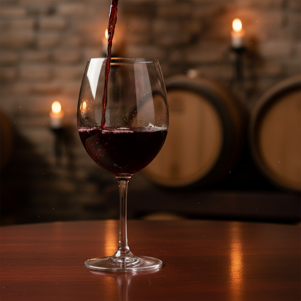 Taça de vinho Cabernet Sauvignon em uma adega rústica com barris de carvalho.