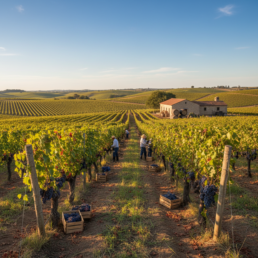 Vinhedo vasto na Campanha Gaúcha, com parreiras carregadas sob um céu azul, transmitindo a beleza e o potencial da região vinícola.