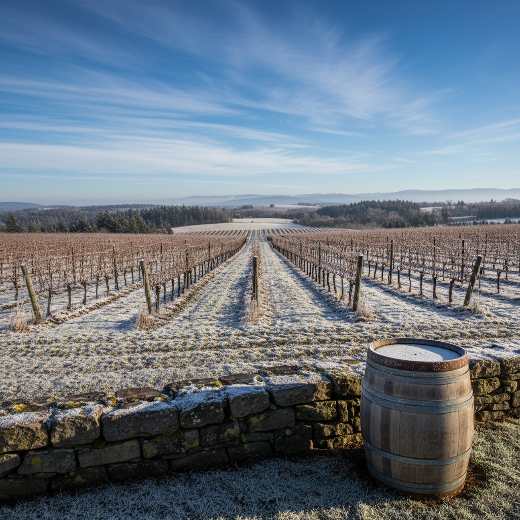Vinhedo canadense no final do outono ou inverno, com vinhas dormentes e neve leve, destacando o terroir de clima frio para a produção de vinhos.