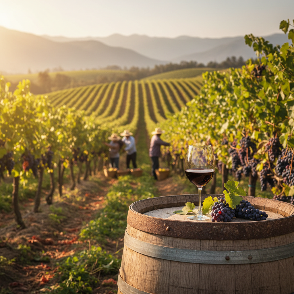 Vinhedo de Carménère no Chile ao pôr do sol, com uma taça de vinho tinto Carménère sobre um barril de carvalho, simbolizando a riqueza da viticultura chilena.