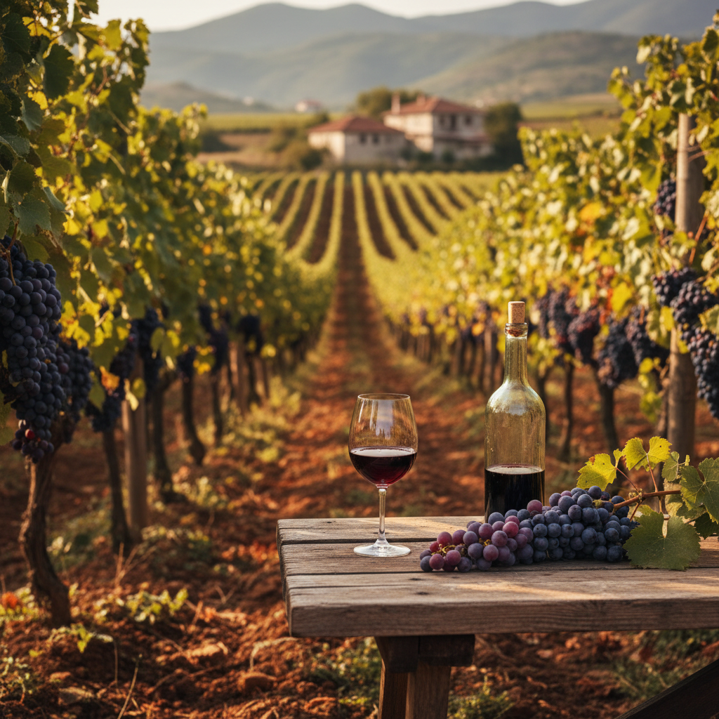 Vinhedo tradicional albanês durante a colheita, com parreiras de uvas nativas, uma mesa rústica com taça de vinho tinto, garrafa e uvas frescas. Luz natural e tons quentes.
