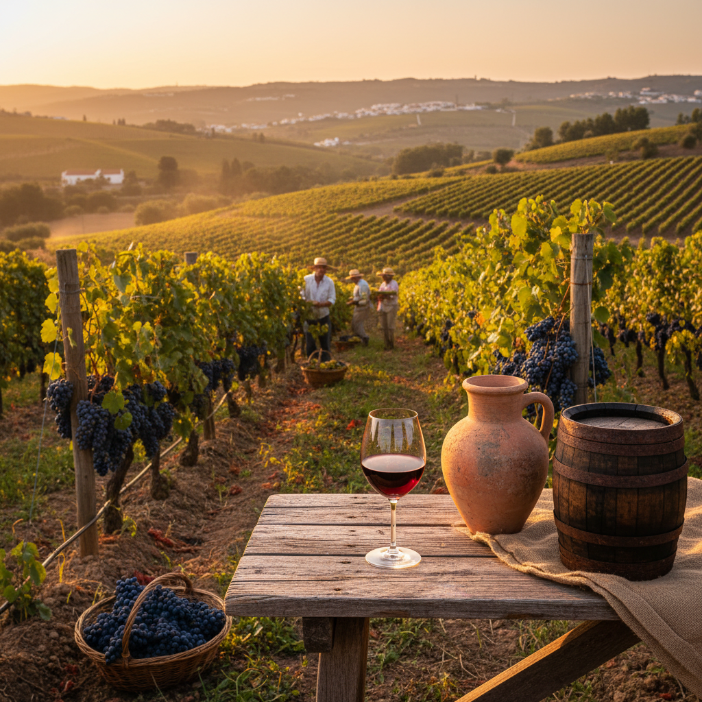 Vinhedo português tradicional ao pôr do sol, com castas autóctones e uma taça de vinho, simbolizando a riqueza enológica de Portugal.
