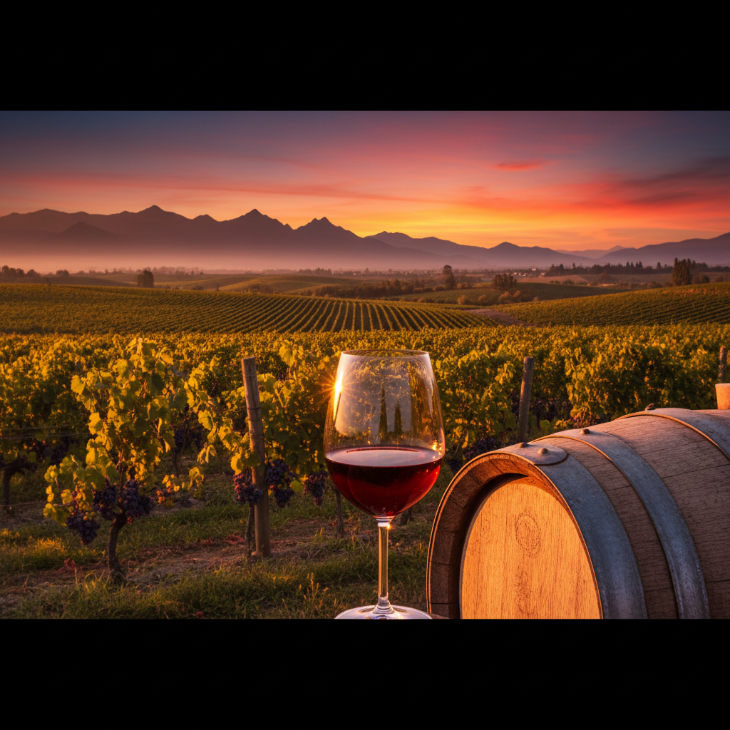 Vinhedo chileno ao pôr do sol com taça de vinho tinto e barril de carvalho, simbolizando a riqueza e diversidade das castas chilenas.