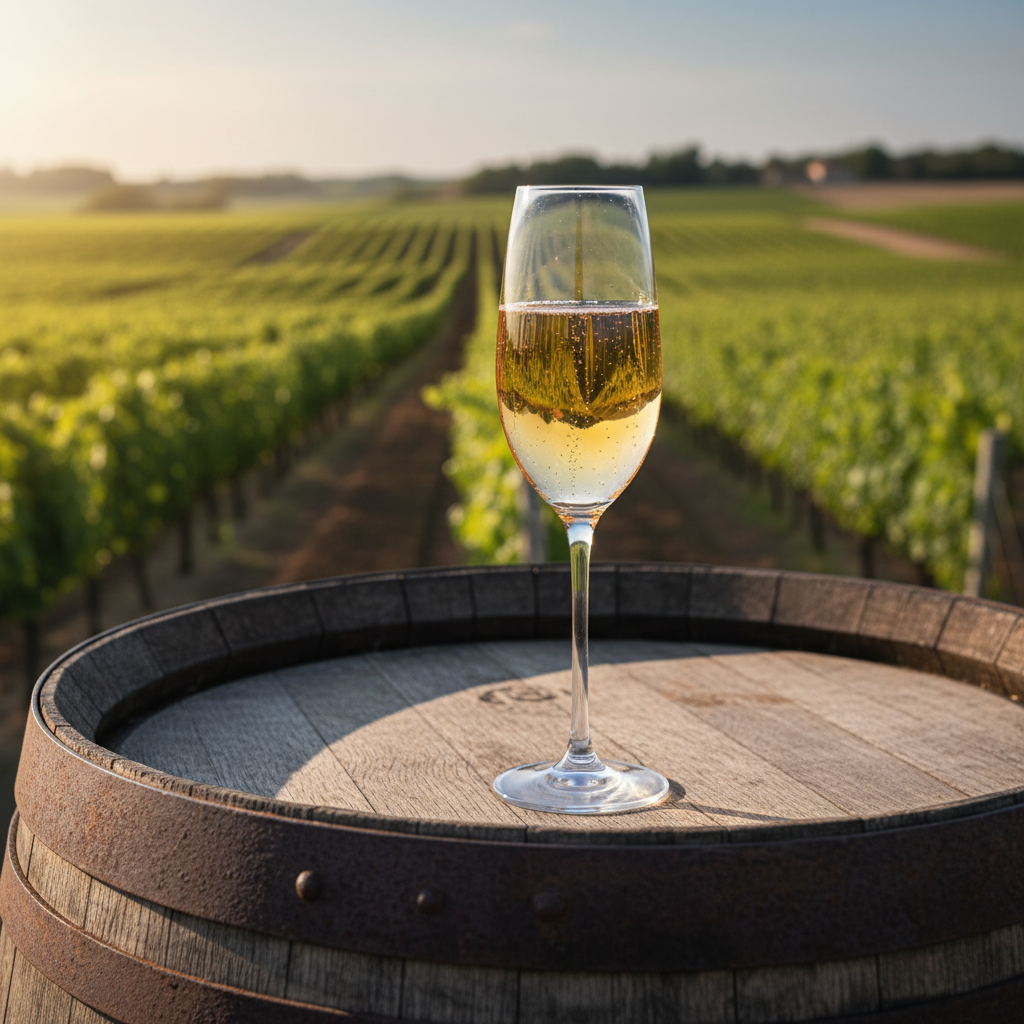 Taça de Cava elegante com vinho espumante dourado sobre um barril de madeira rústico, com vinhedos espanhóis ao fundo sob um céu ensolarado.