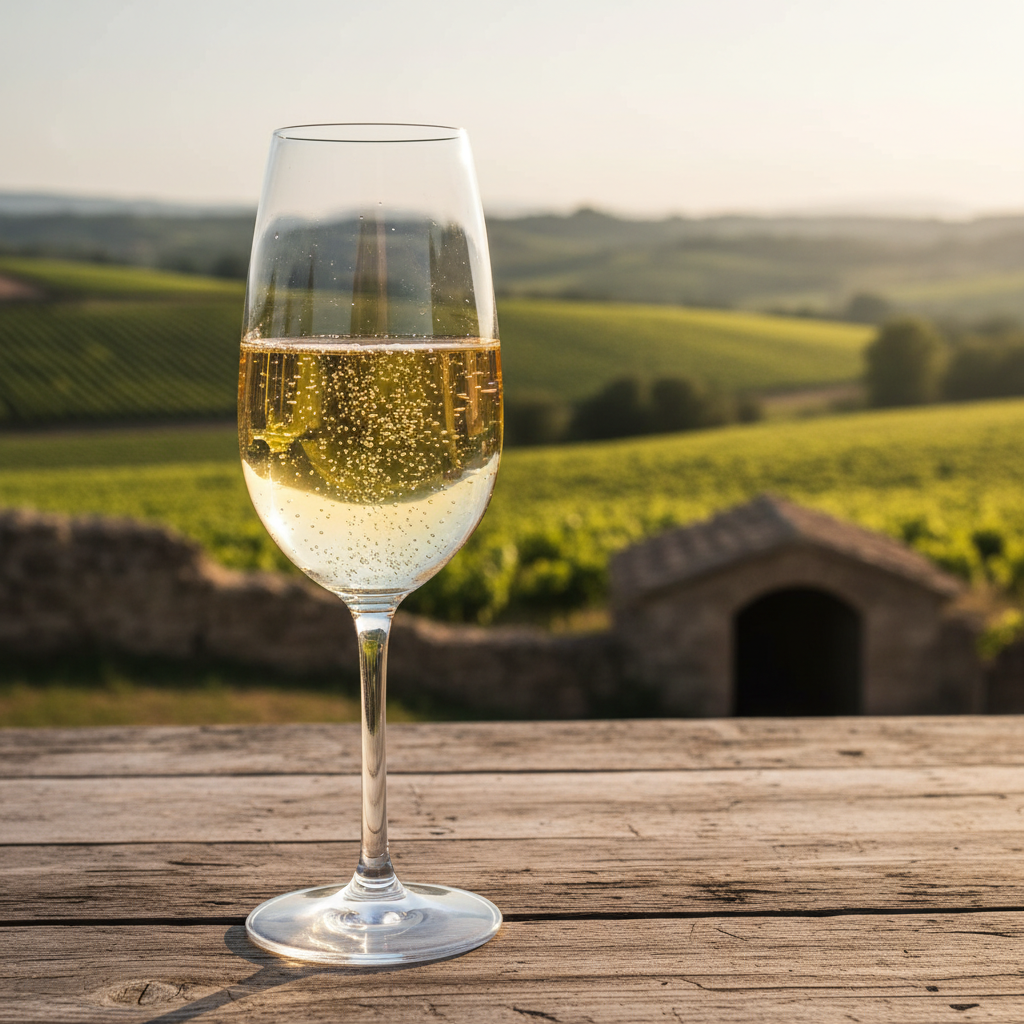 Taça de Cava com bolhas finas em uma mesa de madeira, com vinhedos ensolarados da Catalunha e uma adega ao fundo.