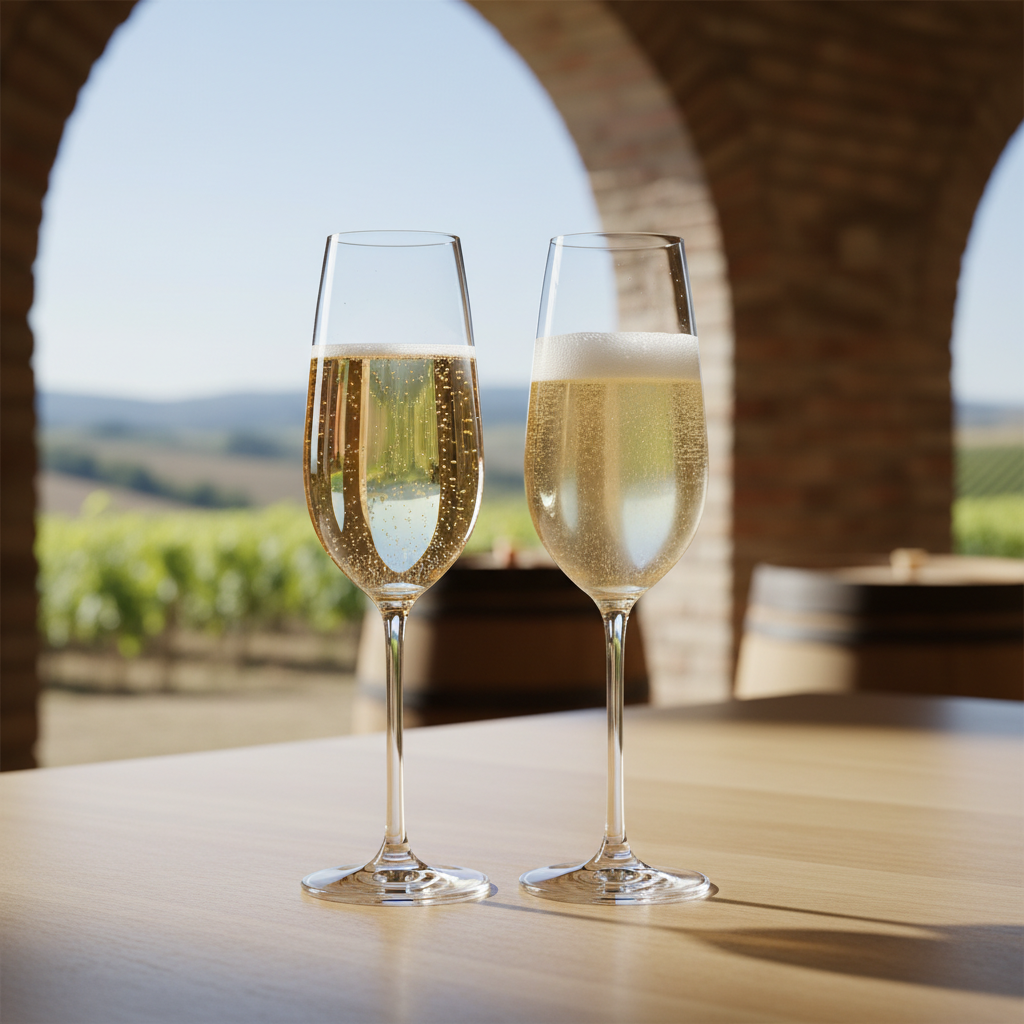 Duas taças de espumante, uma com Champagne dourado e borbulhas finas, e outra com Prosecco mais leve, em uma mesa de madeira com vinhedos ao fundo.