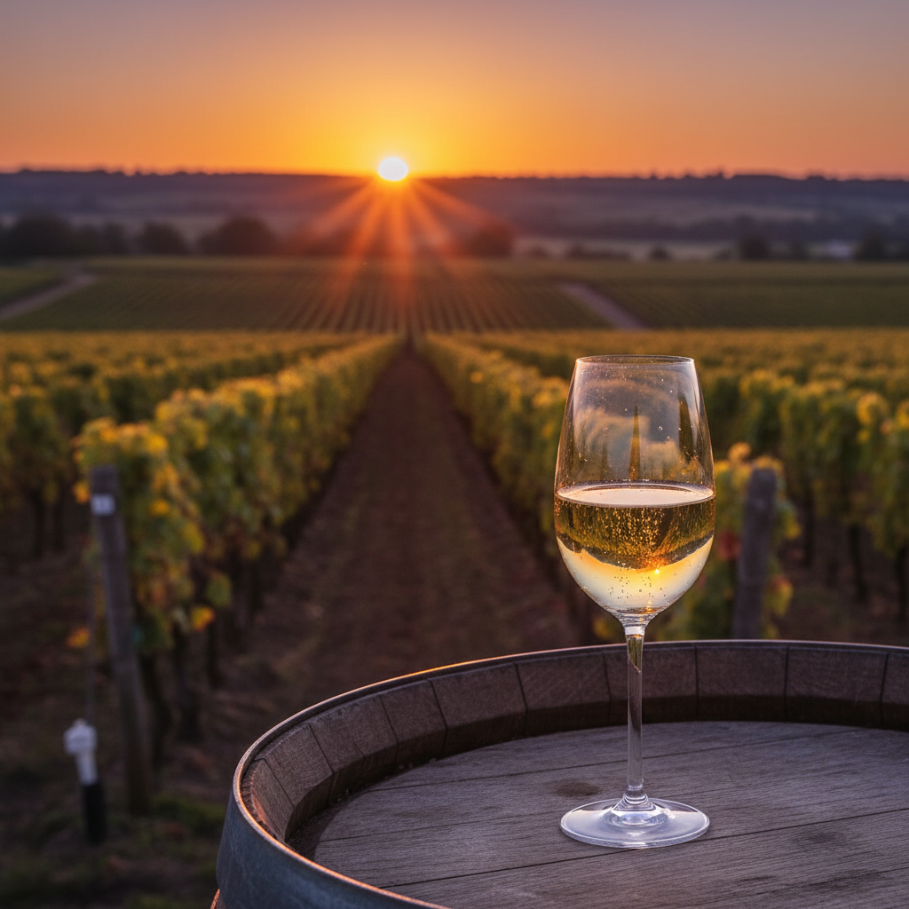 Taça de Champagne elegante sobre barril de madeira em um vinhedo francês ao entardecer