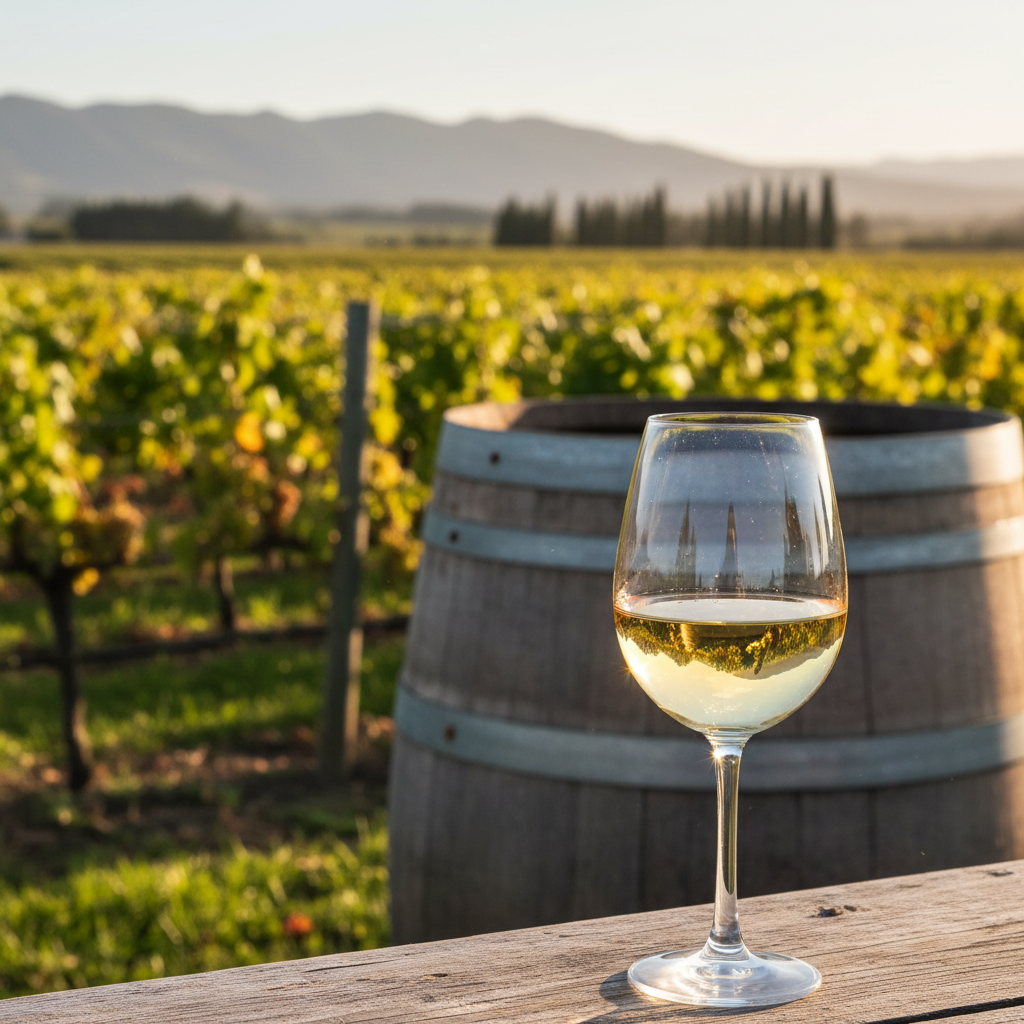 Taça de Chardonnay da Nova Zelândia em um vinhedo ensolarado, com barris de carvalho ao fundo.