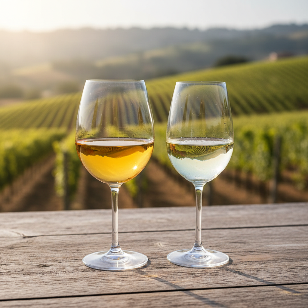 Duas taças de vinho branco, uma com tom dourado e outra esverdeado, sobre uma mesa de madeira rústica com um vinhedo ensolarado ao fundo.