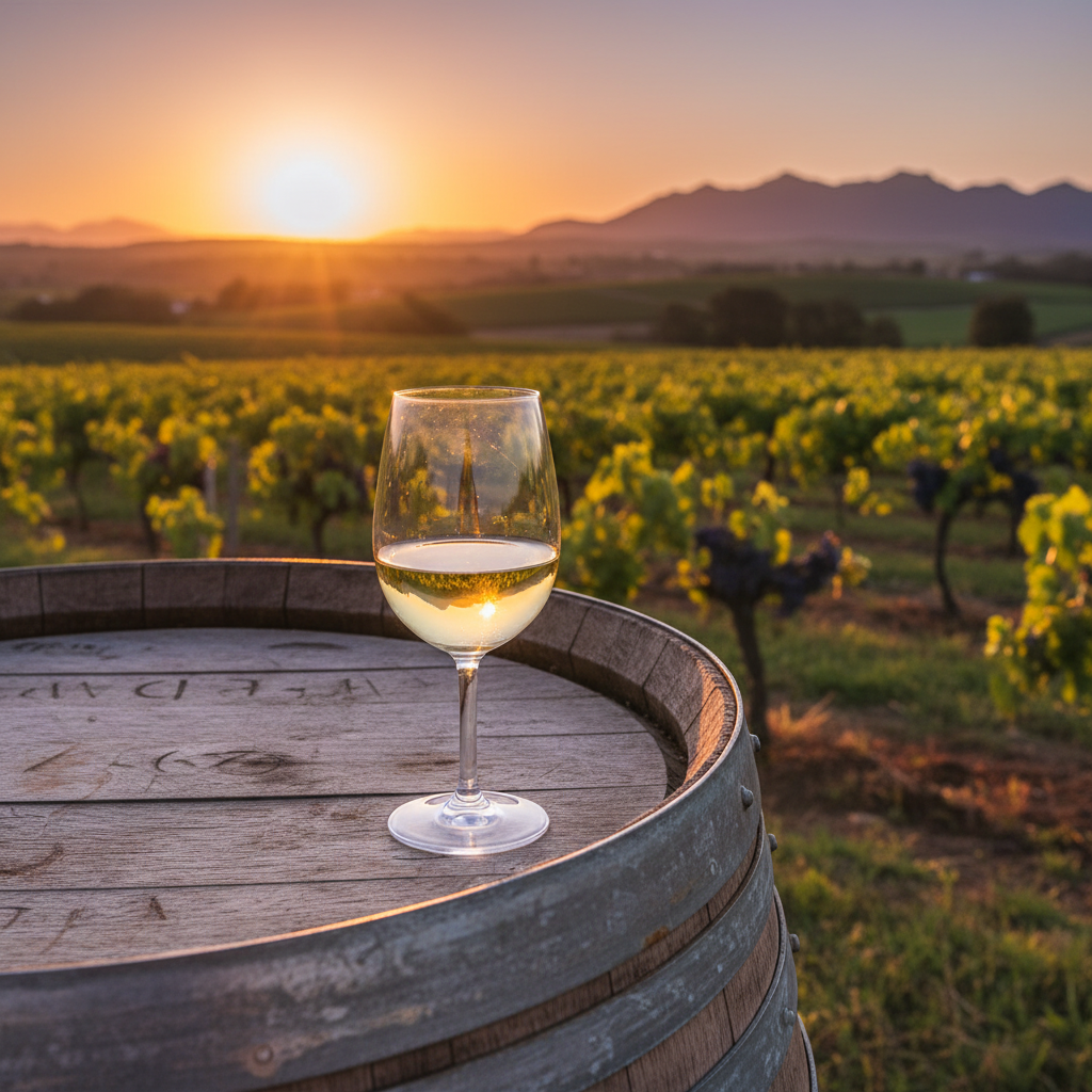 Taça de vinho Chenin Blanc sobre um barril de madeira em um vinhedo sul-africano ao pôr do sol.