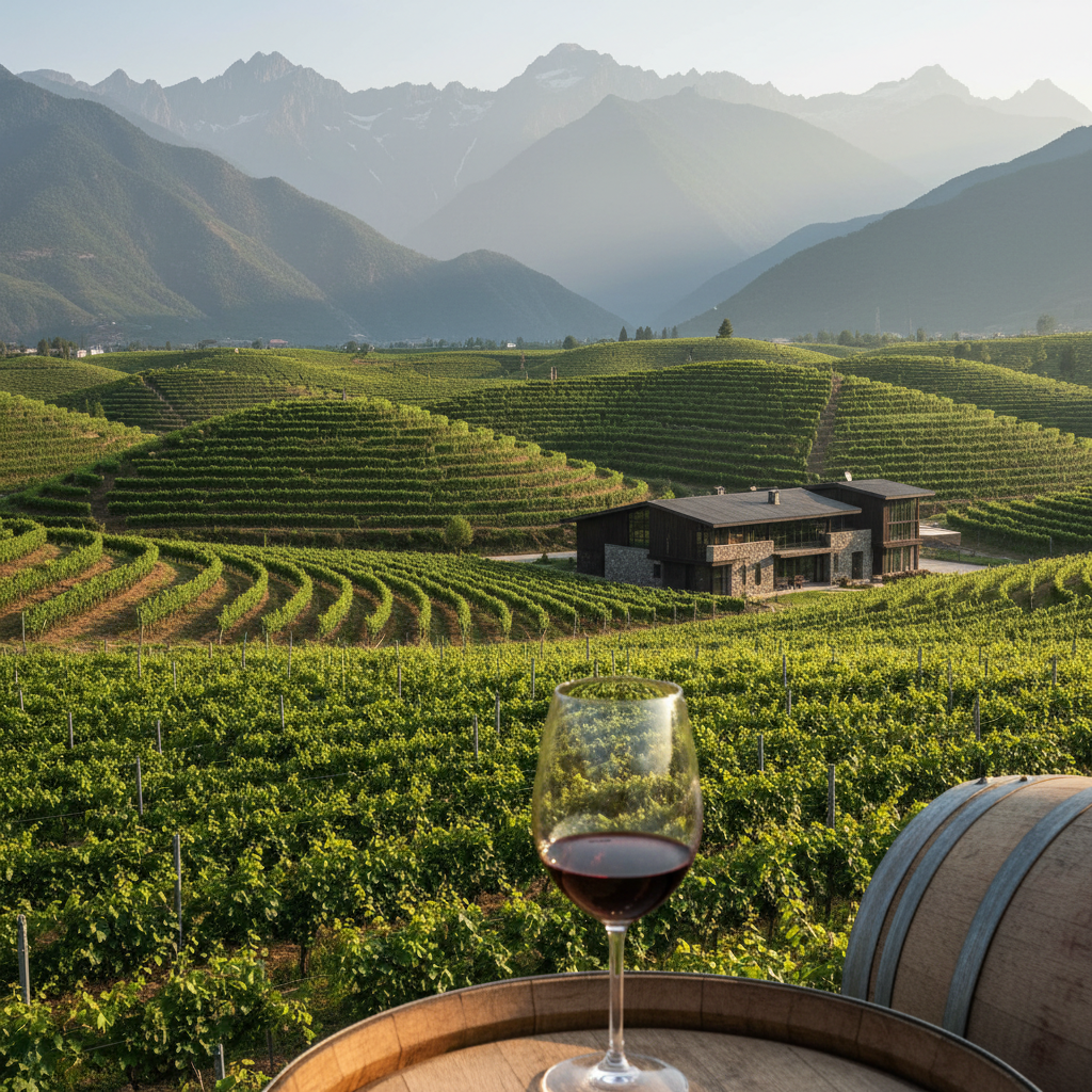 Vinhedo moderno na China com taça de vinho ou barril em primeiro plano, simbolizando a rápida ascensão do país na produção vinícola.