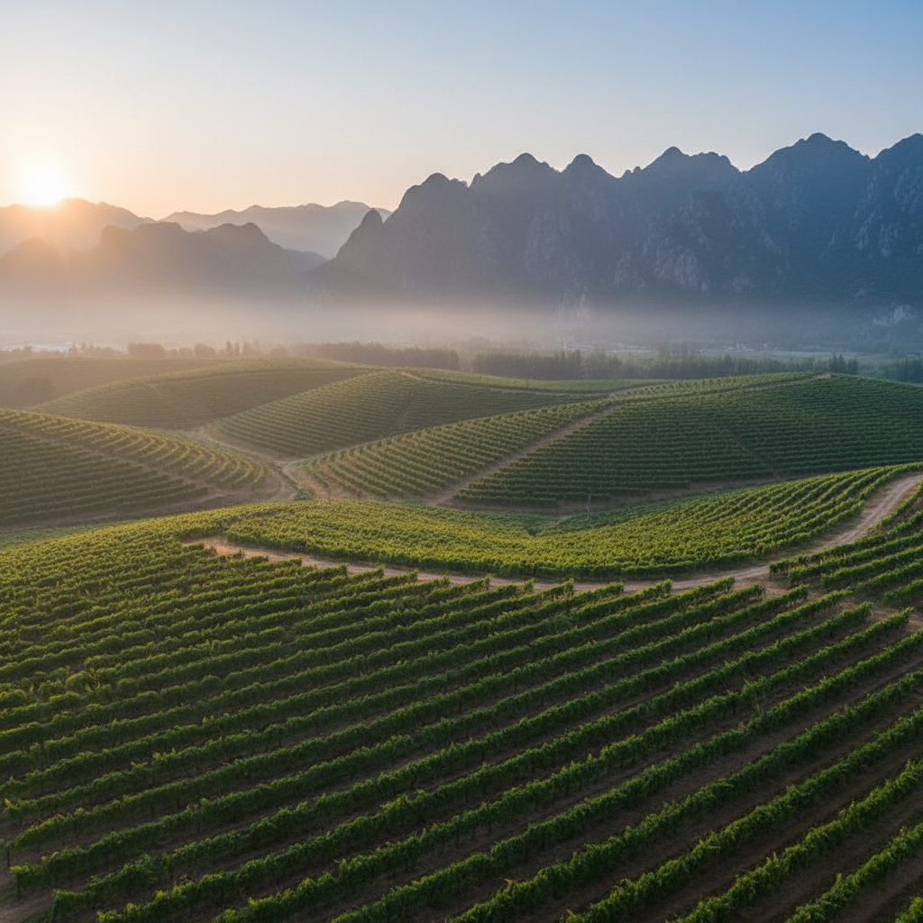 Vinhedo chinês moderno e vasto em uma região montanhosa, simbolizando a ascensão da China no mundo do vinho.