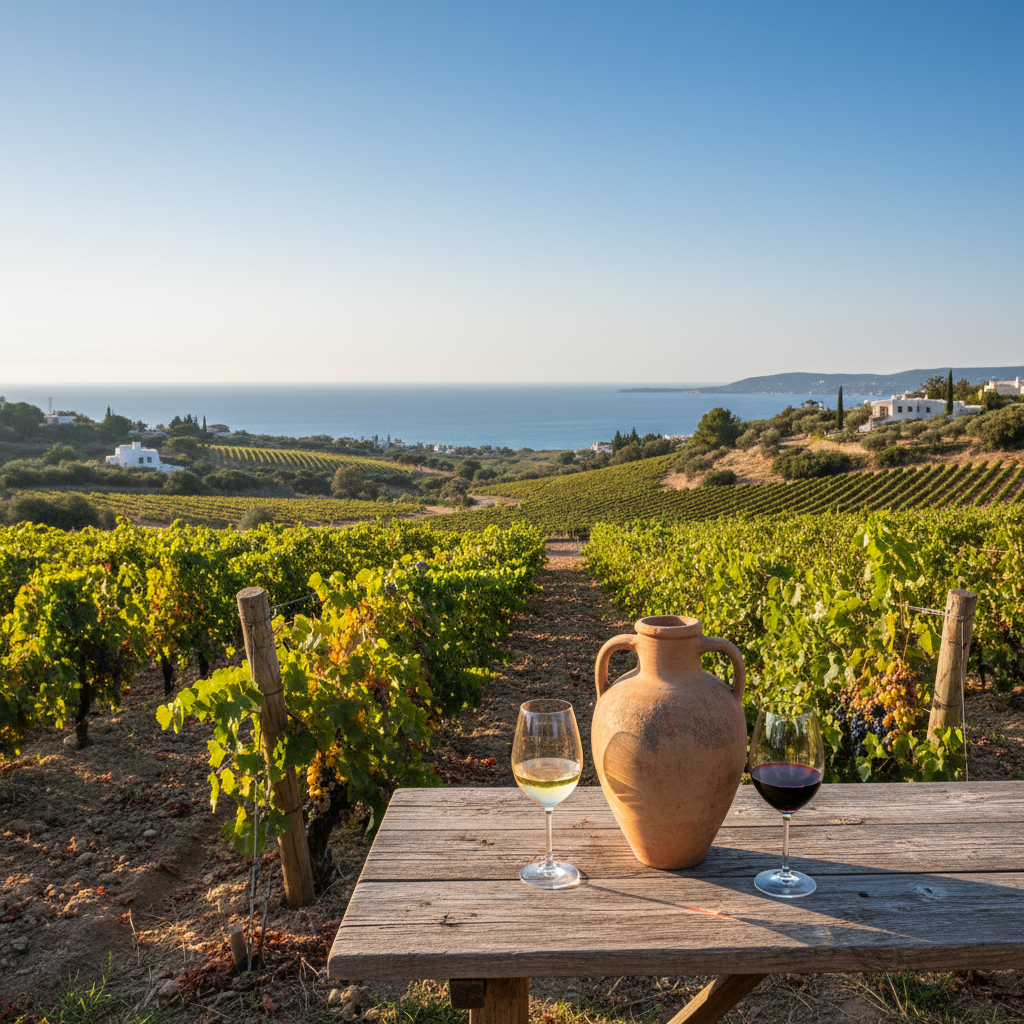 Vinhedo mediterrâneo ensolarado com taças de vinho e ânfora, simbolizando a rica herança vinícola de Chipre e Grécia.