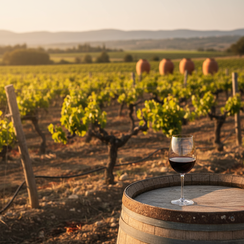 Vinhedo cipriota ao pôr do sol com taça de vinho tinto em barril de madeira e ânforas tradicionais ao fundo.