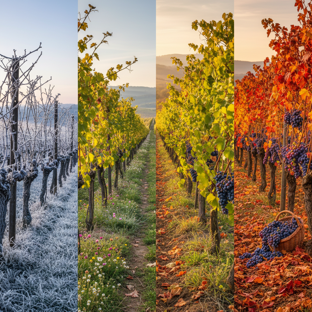 Vinhedo panorâmico ilustrando as quatro estações do ciclo da videira, com videiras em dormência no inverno, rebentando na primavera, com cachos verdes no verão e uvas maduras prontas para a vindima no outono.