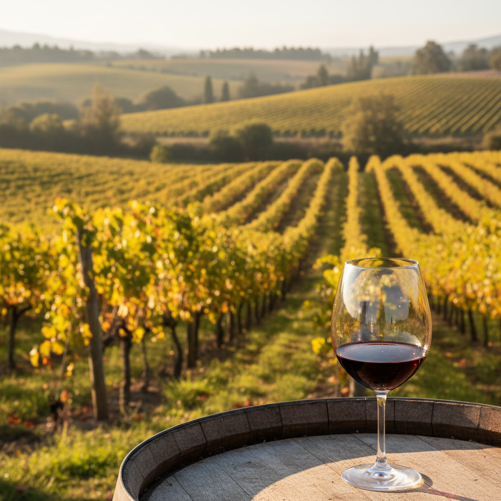 Vinhedo de Cabernet Sauvignon no Vale de Colchagua ao pôr do sol, com um copo de vinho tinto e barril, simbolizando a excelência dos vinhos chilenos.