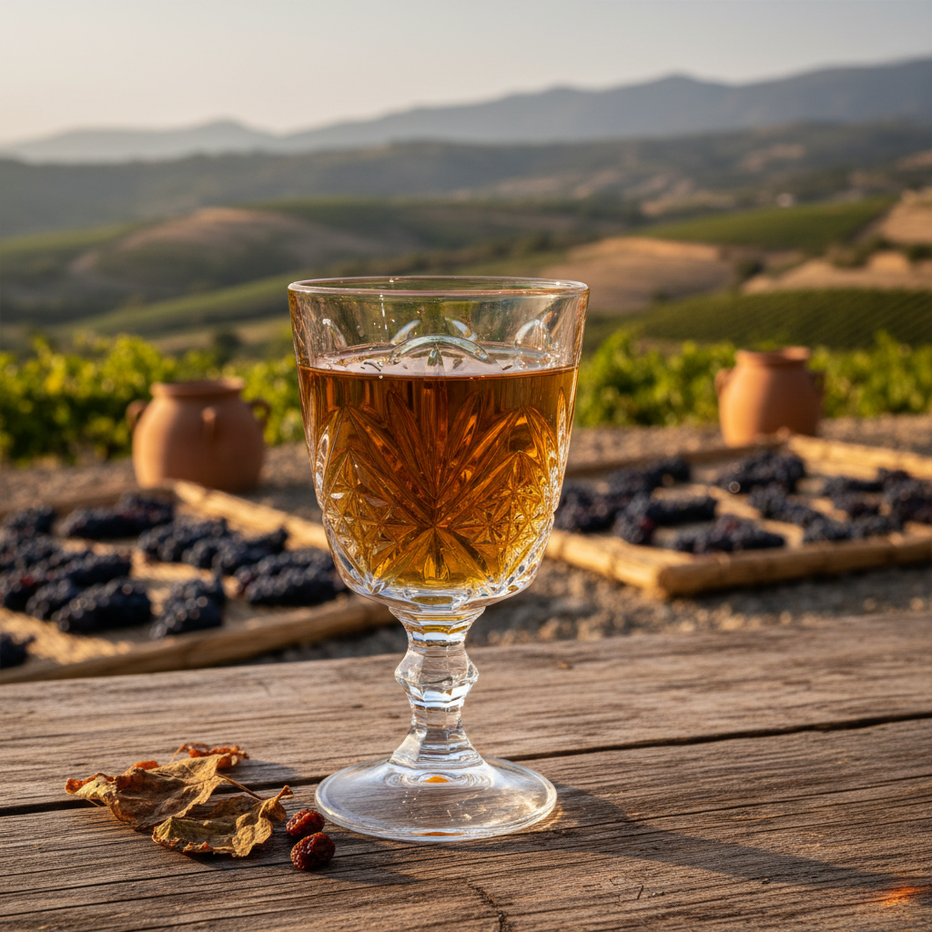 Taça de cristal com vinho Commandaria de cor âmbar dourado sobre uma mesa rústica, com vinhedos e uvas secando ao sol em Chipre ao fundo.