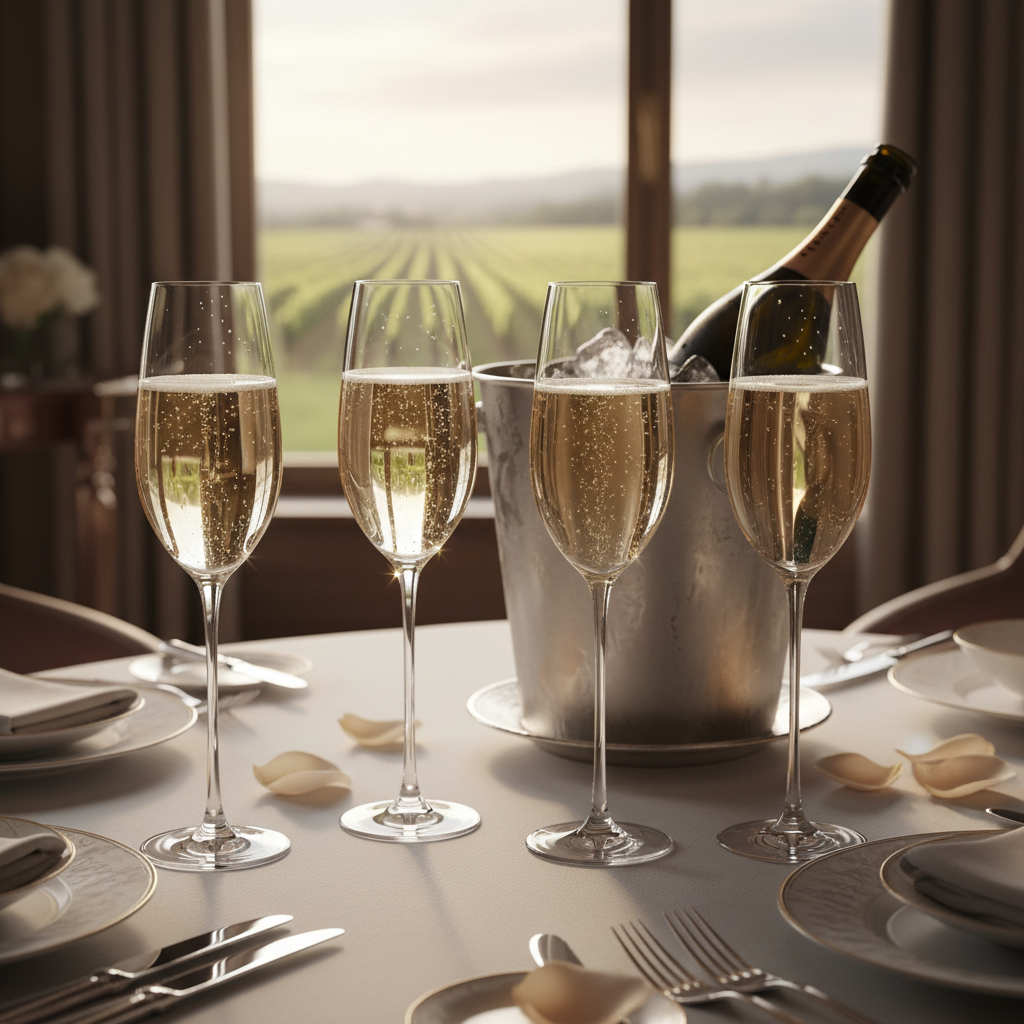 Taças elegantes de espumante e garrafa em balde de gelo, prontas para servir em ambiente sofisticado.