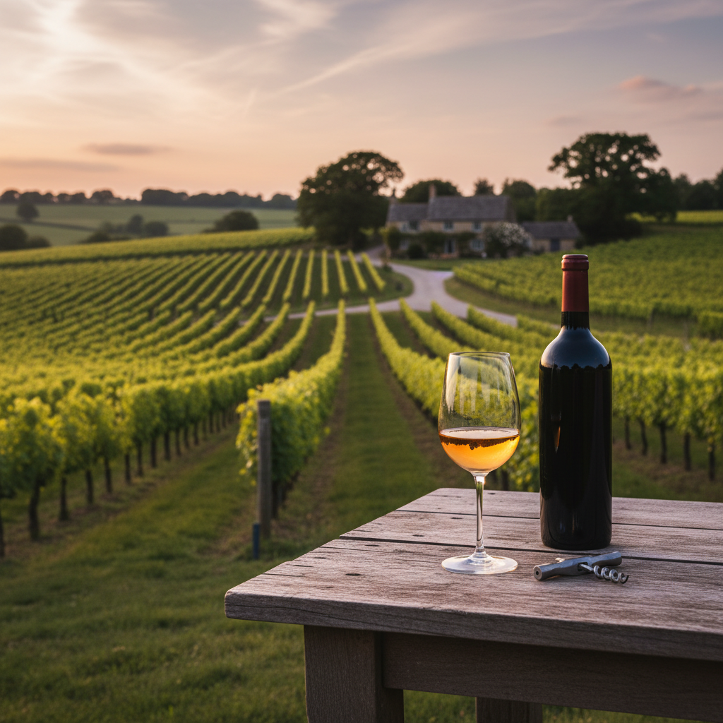 Taça de vinho elegante em uma mesa rústica com um vinhedo inglês verdejante ao fundo sob a luz suave do pôr do sol.