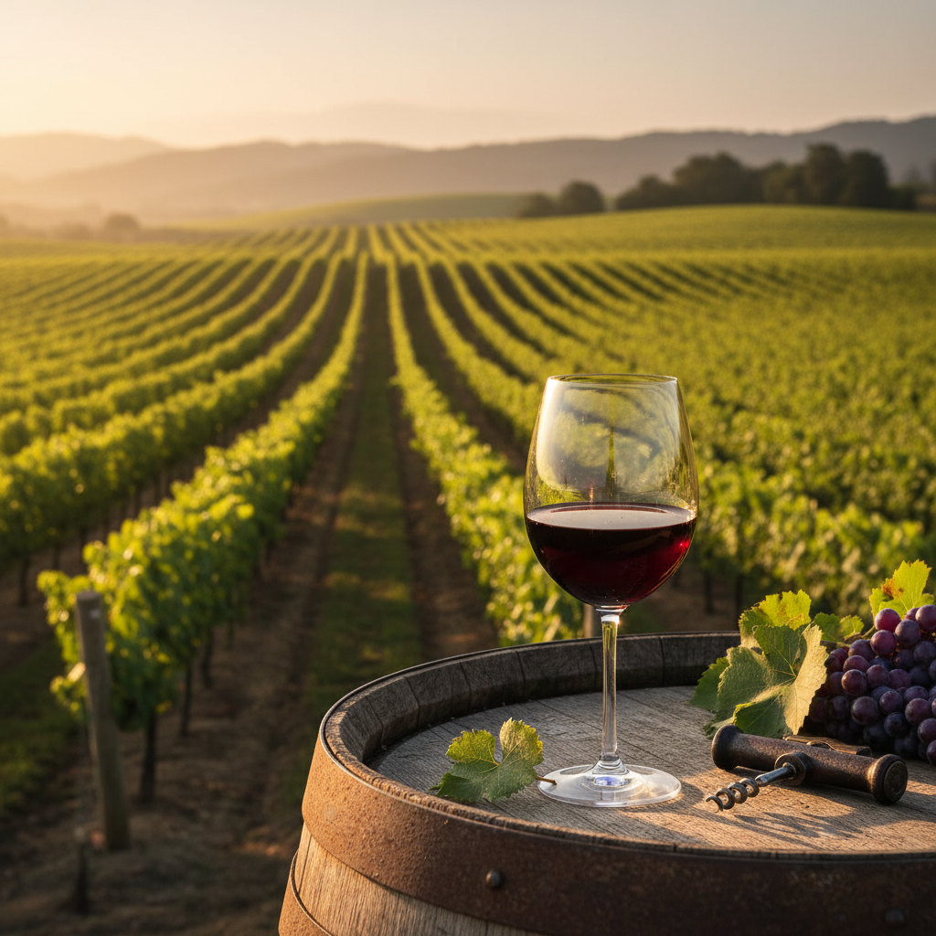 Vinhedo americano ao pôr do sol com uma taça de vinho em um barril, simbolizando a riqueza da produção vinícola dos EUA.