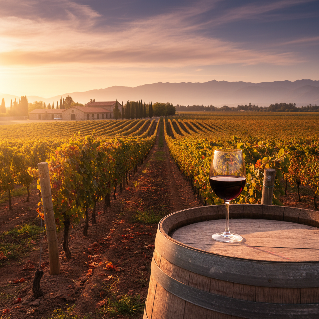 Vinhedo argentino ao pôr do sol com uma taça de vinho tinto sobre um barril de carvalho, simbolizando a riqueza da viticultura local.