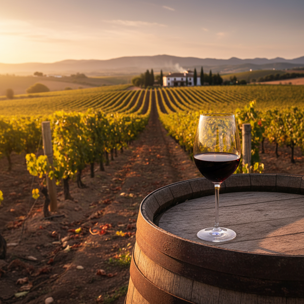 Taça de vinho tinto sobre um barril de madeira em um vinhedo espanhol ao pôr do sol.