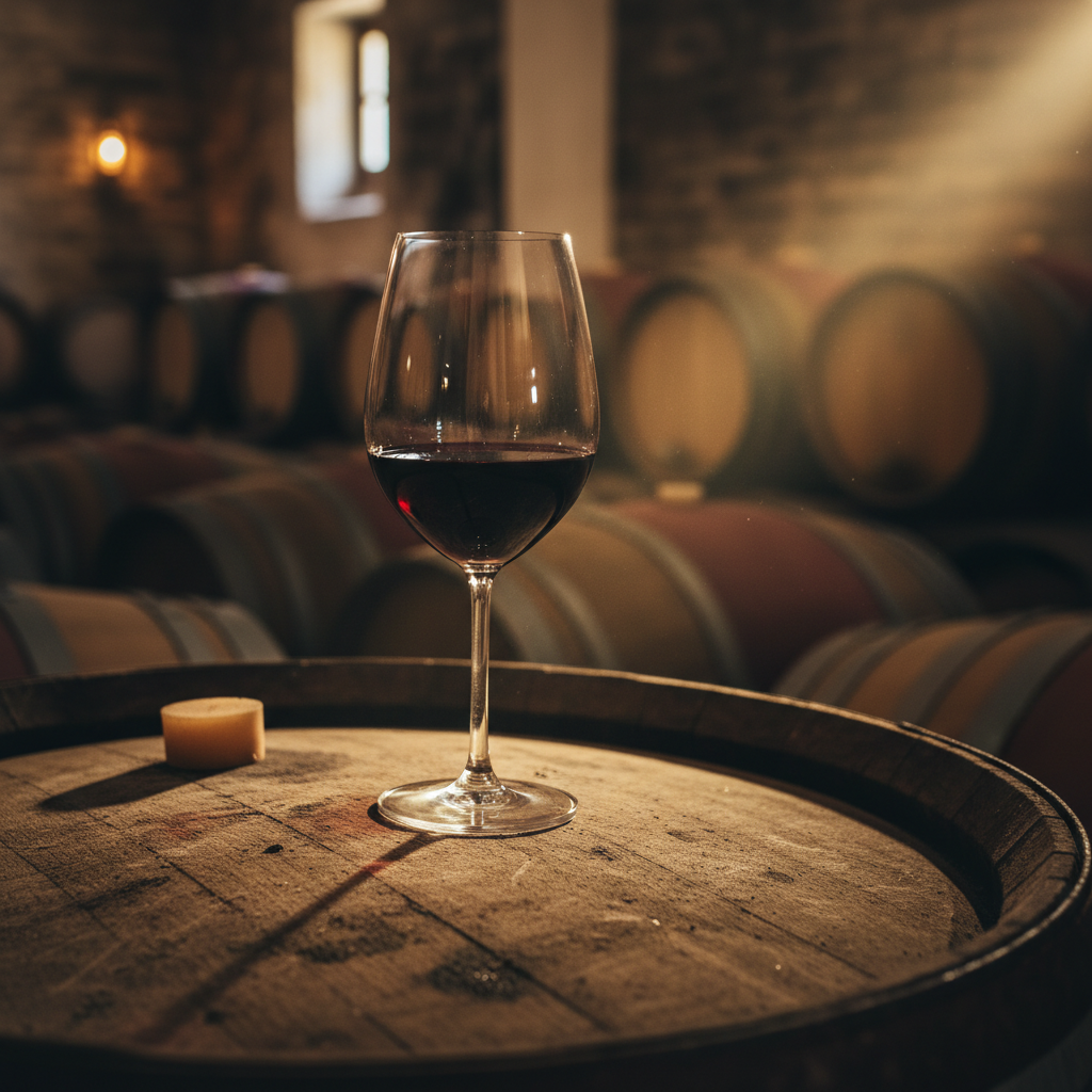 Taça de vinho tinto sobre barril de carvalho em adega francesa, com luz ambiente suave.