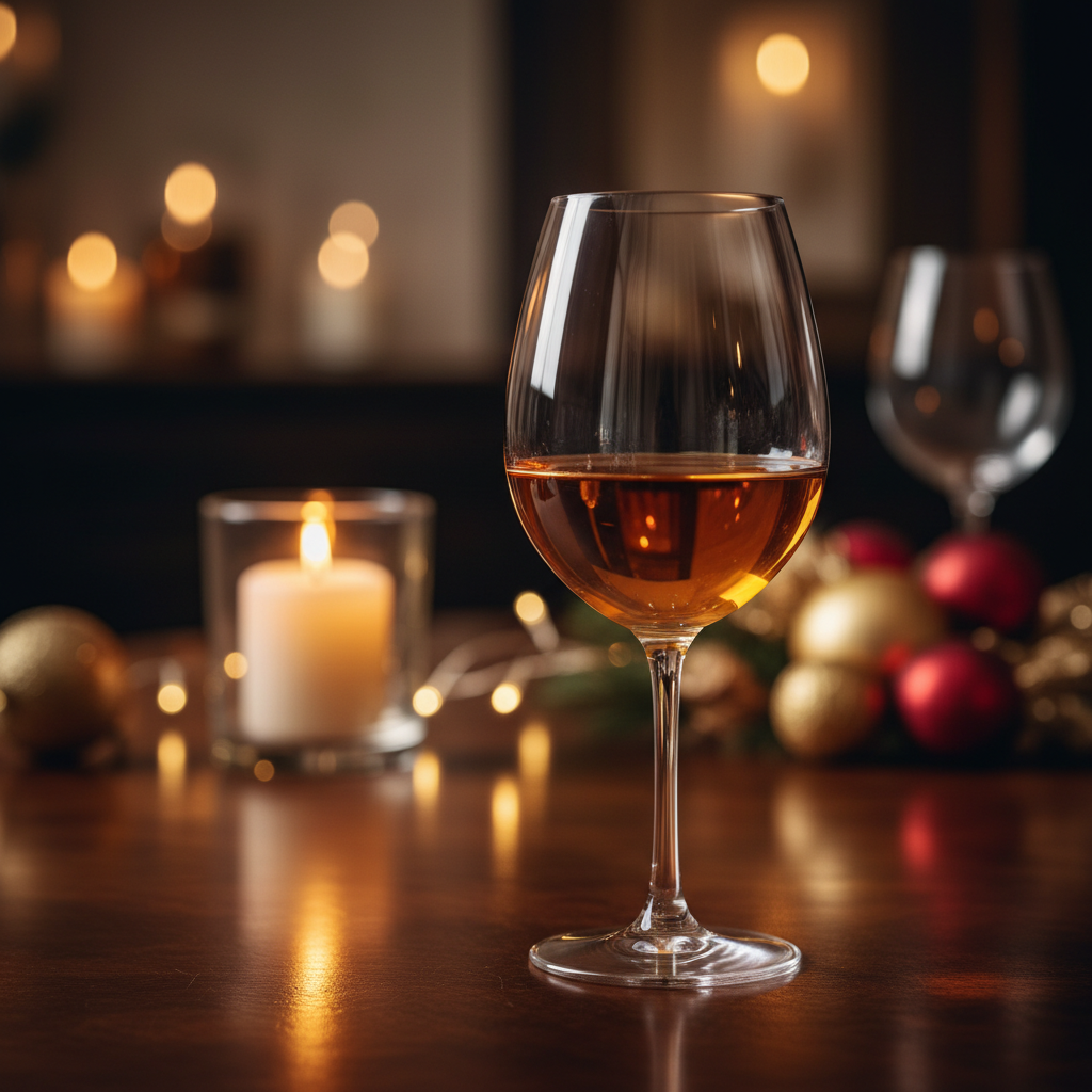 Taça elegante de vinho de sobremesa dourado sobre mesa de madeira escura, com fundo desfocado de ambiente sofisticado e luz de vela, sugerindo uma ocasião especial.