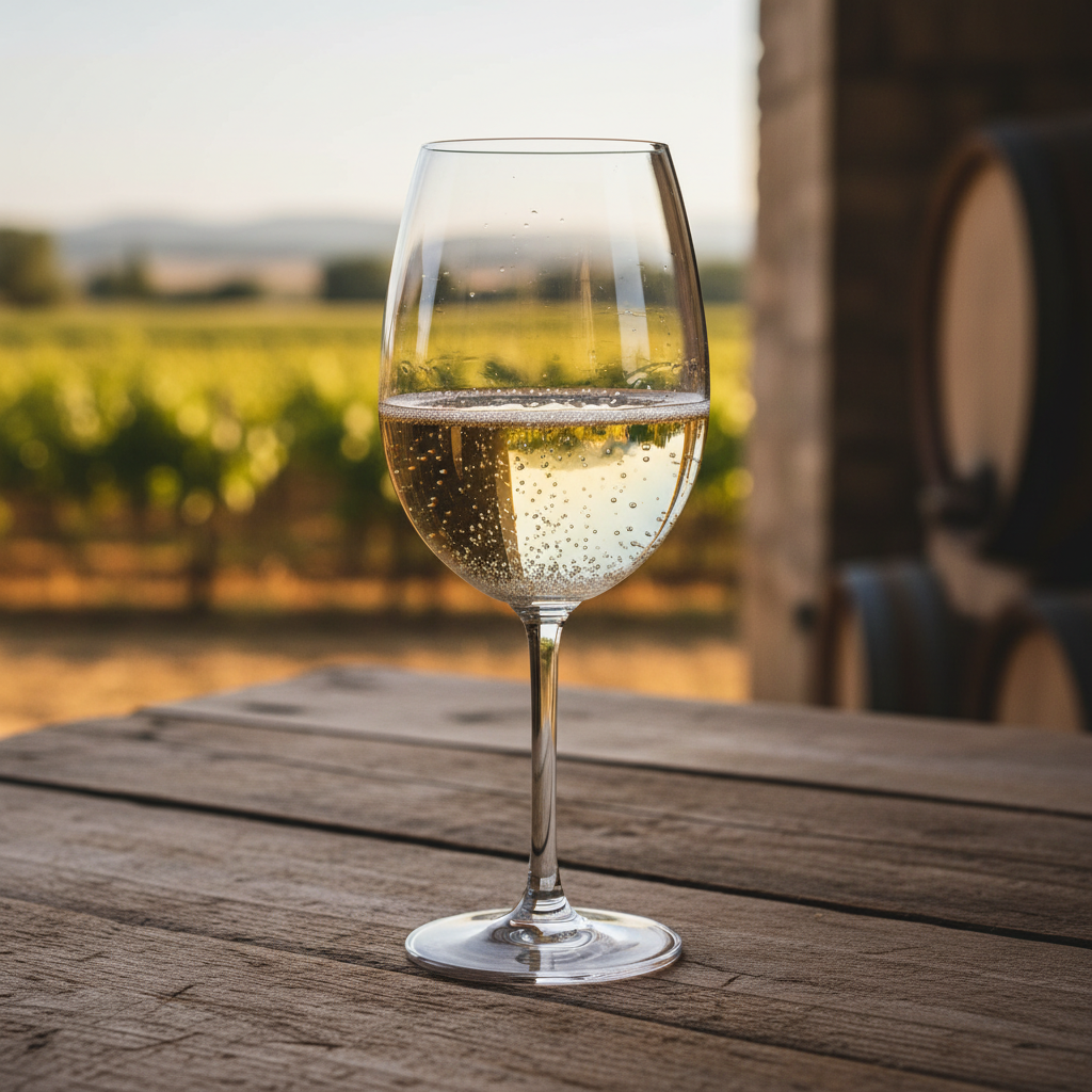 Taça de vinho Pet Nat com bolhas finas e aspecto natural sobre uma mesa de madeira, em um ambiente que sugere um vinhedo ou adega.