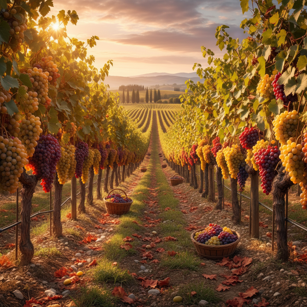 Vinhedo exuberante com cachos de uvas brancas, tintas e verdes maduras sob a luz do sol.