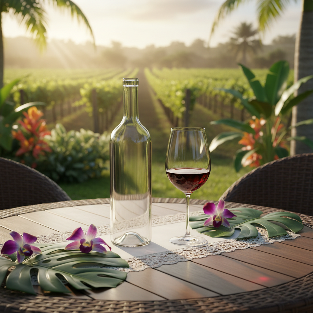 Garrafa e taça de vinho tinto em mesa de pátio elegante com vinhedo dominicano ao fundo.