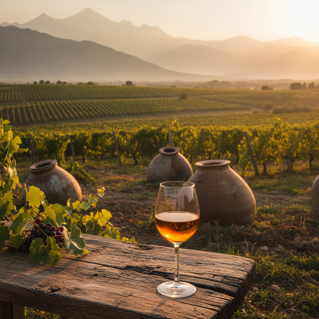 Vinhedo tradicional da Geórgia com ânforas Qvevri, um copo de vinho âmbar sobre uma mesa de madeira rústica, evocando a paisagem vinícola do país.