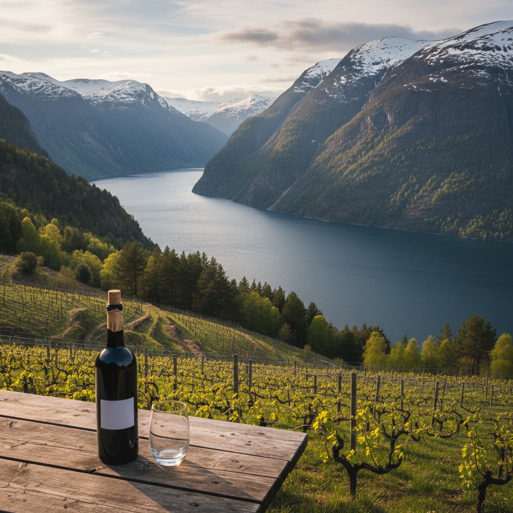 Vinhedo artesanal em um fiorde norueguês, com uma garrafa de vinho sutilmente posicionada em uma mesa de madeira rústica. A paisagem montanhosa e nevada ao fundo realça a raridade e a origem do vinho.
