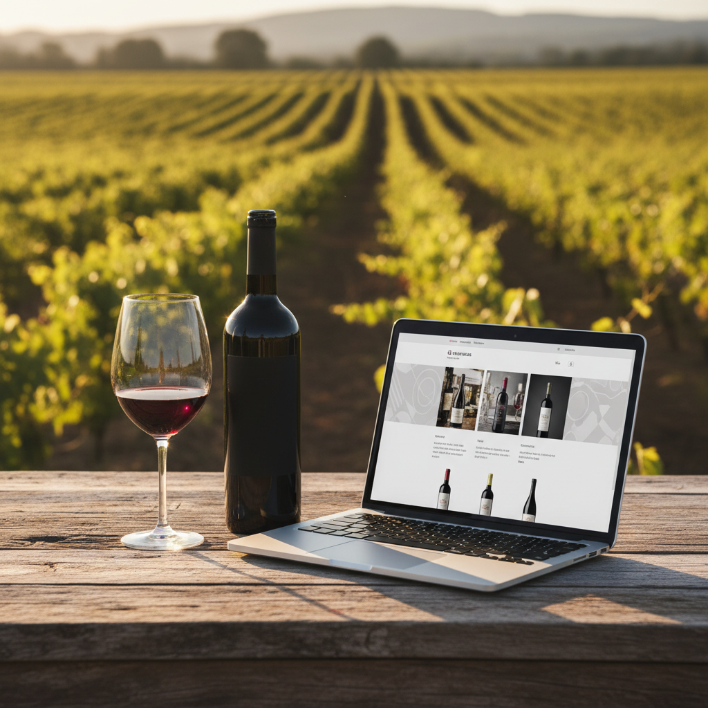 Garrafa de vinho português e taça de vinho tinto sobre uma mesa de madeira rústica, com um laptop exibindo um site de e-commerce de vinhos, e um vinhedo português ao fundo.
