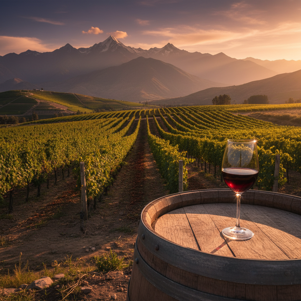 Vinhedo de altitude na Bolívia ao pôr do sol, com uma taça de vinho tinto sobre um barril de madeira em primeiro plano, simbolizando a produção e a apreciação dos vinhos bolivianos.