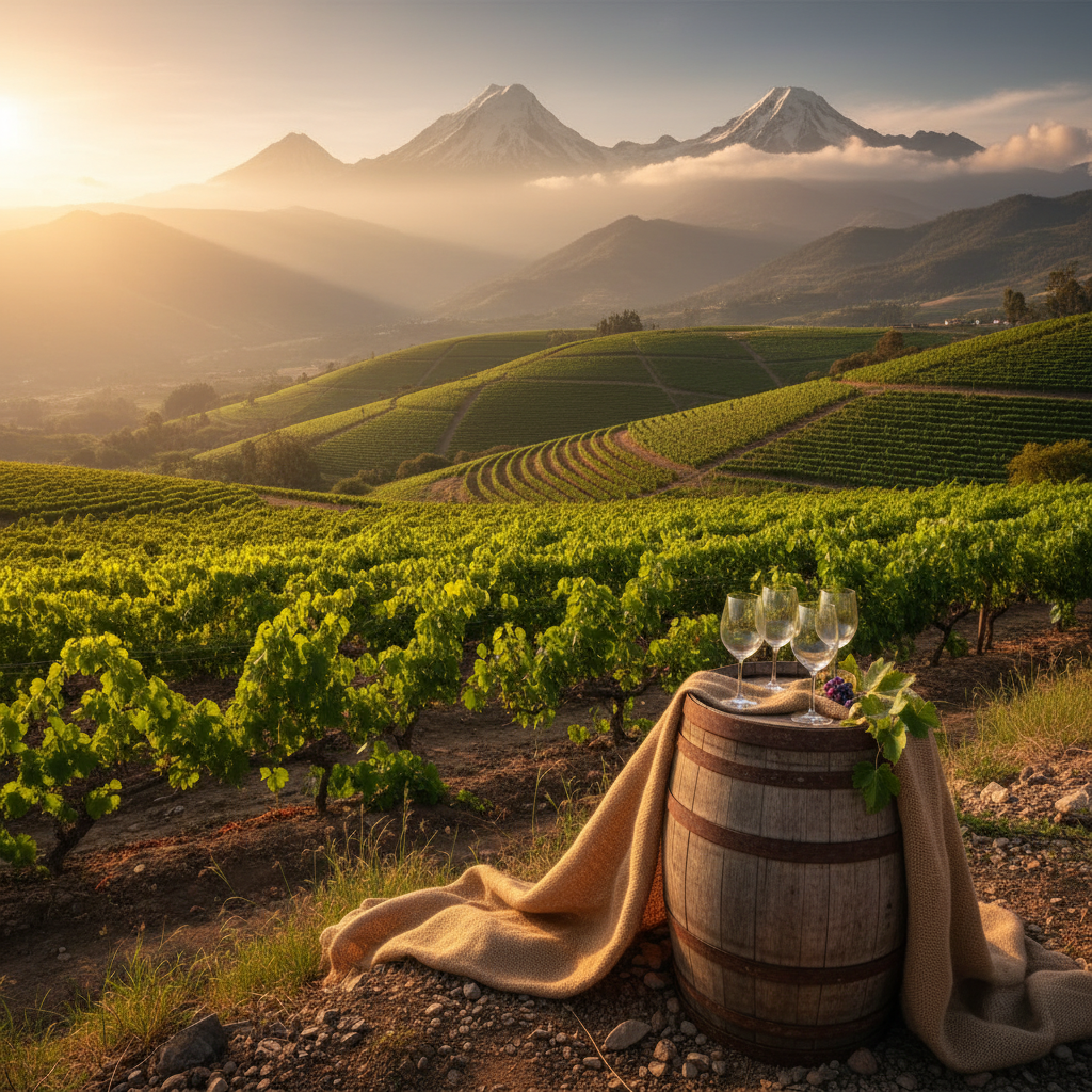 Vinhedo exuberante nas montanhas dos Andes equatorianos ao pôr do sol, com uma taça de vinho em primeiro plano.