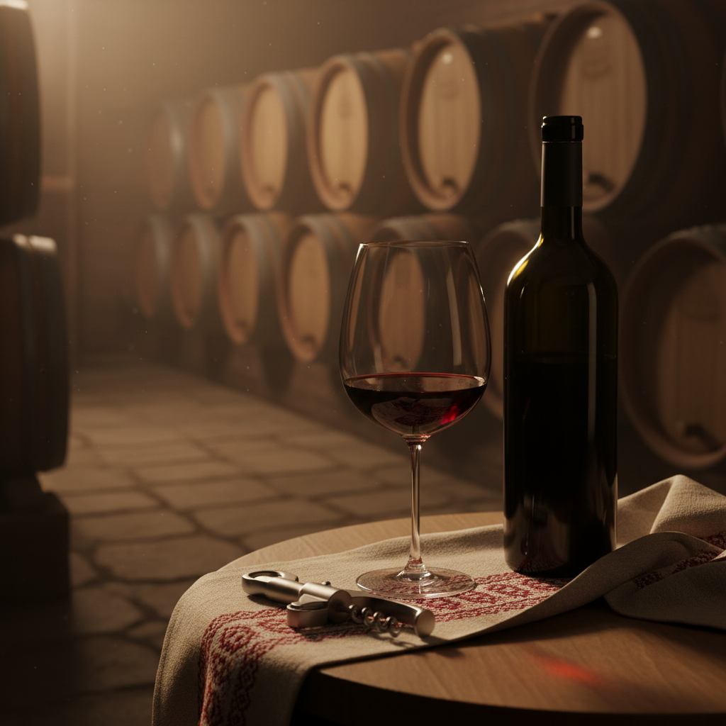 Vinho tinto em taça elegante sobre mesa de madeira em adega rústica, com barris ao fundo e iluminação suave.