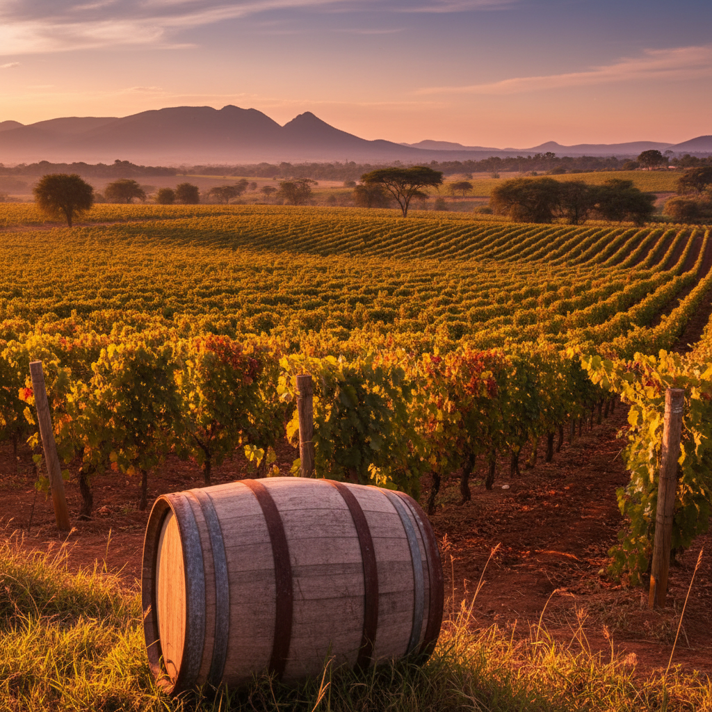 Vinhedo na Zâmbia ao pôr do sol com barril de vinho rústico, evocando a produção local.