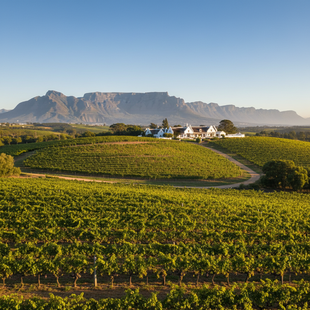 Vinhedos históricos de Constantia, África do Sul, com arquitetura colonial holandesa ao fundo, sob a luz do sol.