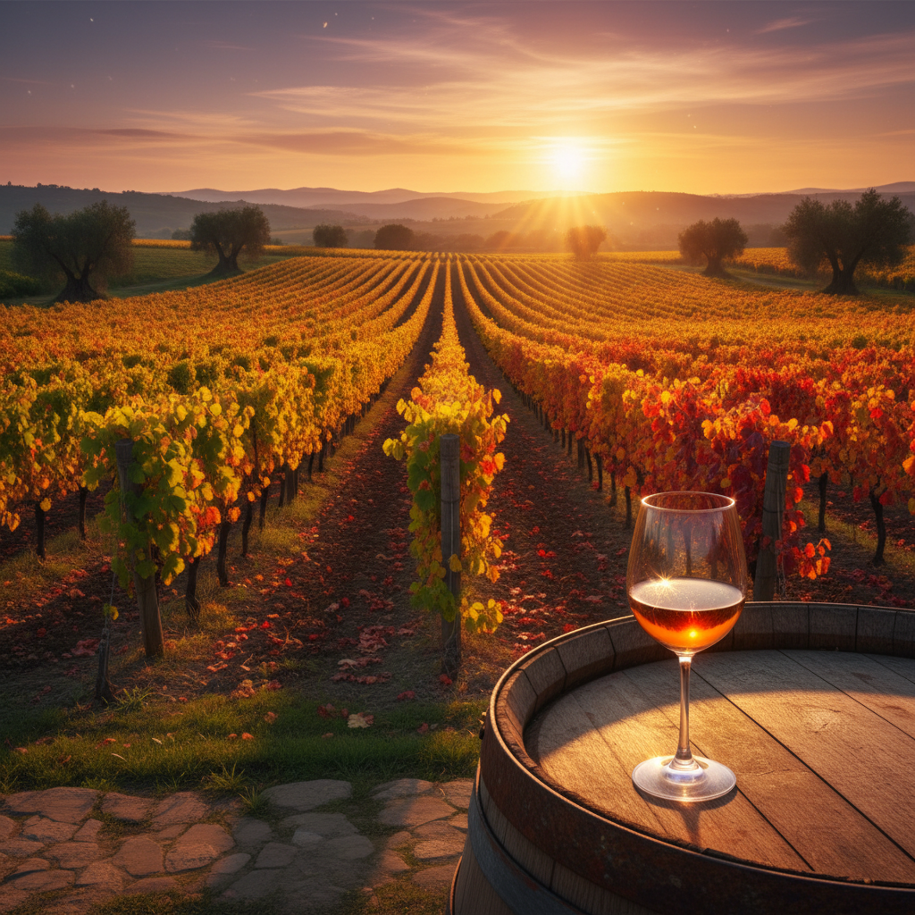 Vinhedo ao pôr do sol com uvas de diferentes cores (verdes, vermelhas, douradas) e uma taça de vinho sobre um barril de carvalho, refletindo a magia das cores do vinho.